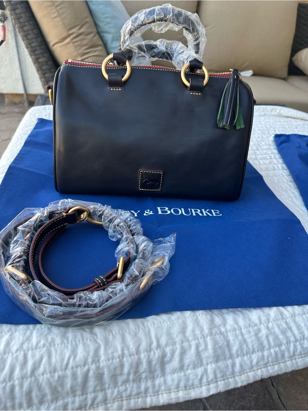 Dooney & Bourke Navy Florentine Satchel with Gold Hardware and Navy Tassel